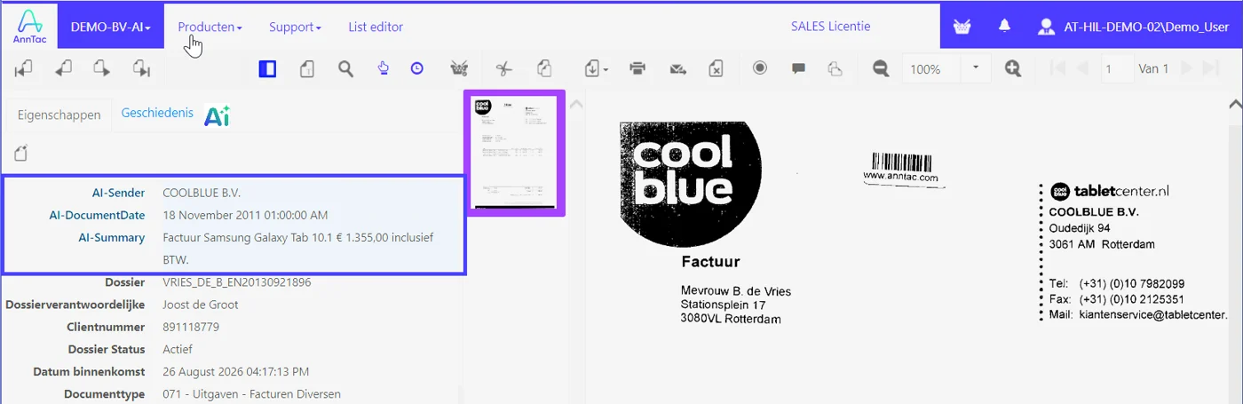 An open document in AnnTac showing AI-Sender, AI-DocumentDate and AI-Summary next to the case details. Screenshot from a demo environment.