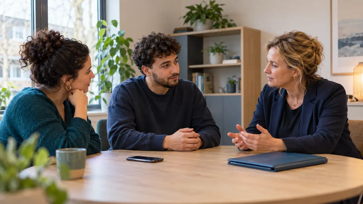Ein Klient, eine Fachkraft und ein Familienmitglied besprechen den nächsten Schritt